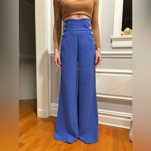 Long Flare Blue Pants with Gold Buttons - Picture 2 of 6